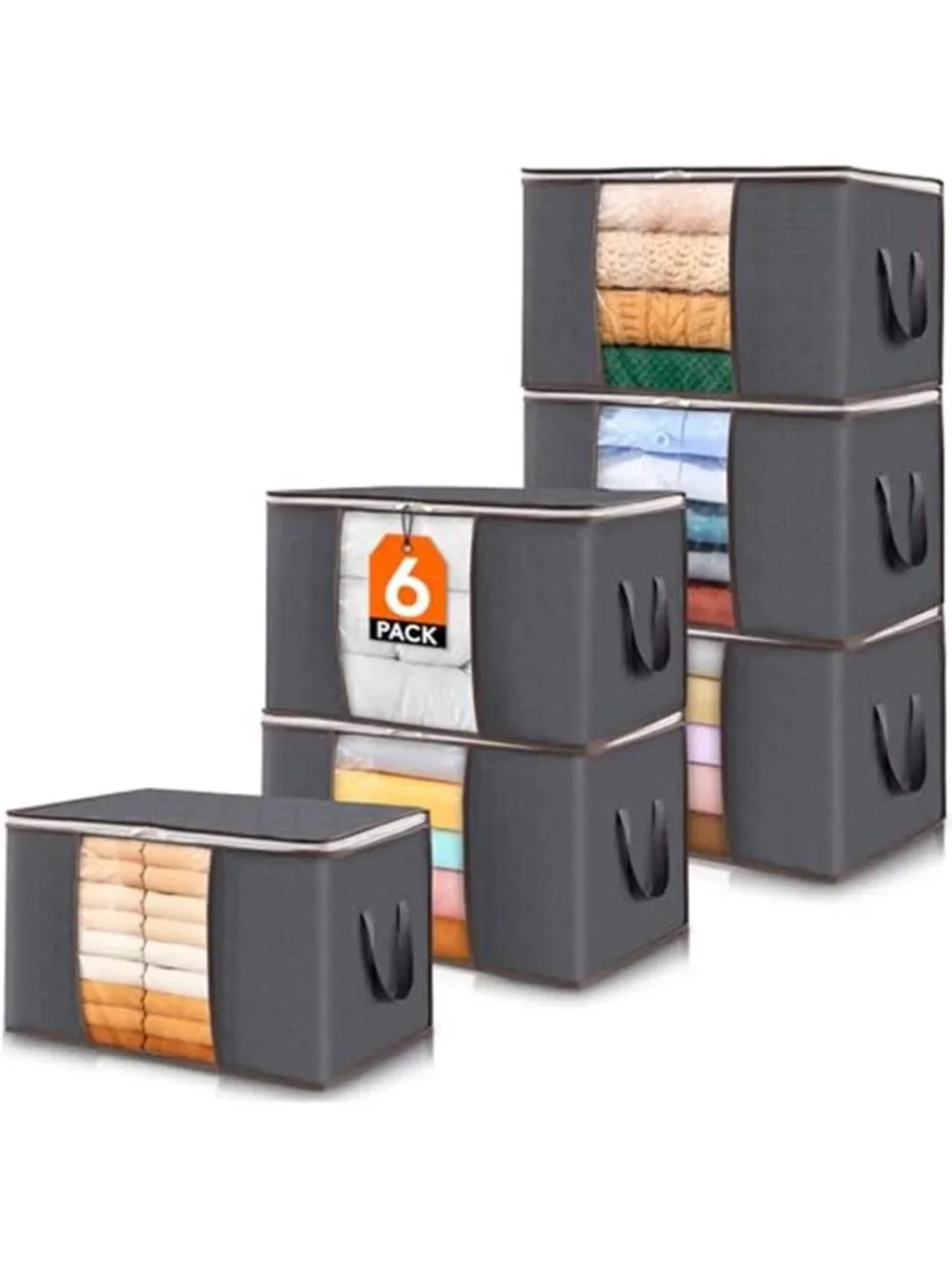 6 Pack Clothes Storage Bins with Lids, Foldable Blanket Storage Bags 60 L